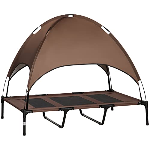 PawHut Erhöhtes Hundebett mit Baldachin, Haustierbett, Hundeliege outdoor mit Dach, Atmungsaktiv, Taftstoff für Camping Kaffee 122 x 92 x 108 cm von PawHut