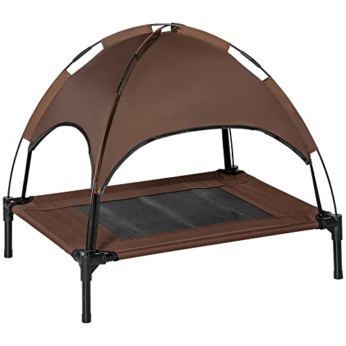 PawHut Erhöhtes Hundebett mit Baldachin, Haustierbett, Hundeliege outdoor mit Dach, Atmungsaktiv, Taftstoff für Camping Kaffee 76 x 61 x 73 cm von PawHut