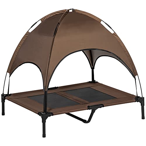 PawHut Erhöhtes Hundebett mit Baldachin, Haustierbett, Hundeliege outdoor mit Dach, Atmungsaktiv, Taftstoff für Camping Kaffee 92 x 76 x 90 cm von PawHut