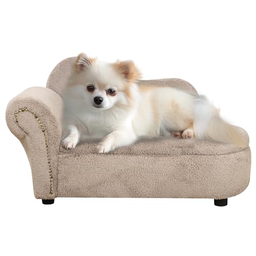 PawHut Hundesofa, Haustiersofa mit Samtoptik, Hundecouch Katzensofa Hundesessel mit Holzbeine, Haustierbett mit Stauraum, Beige, 80 x 40 x 46 cm von PawHut