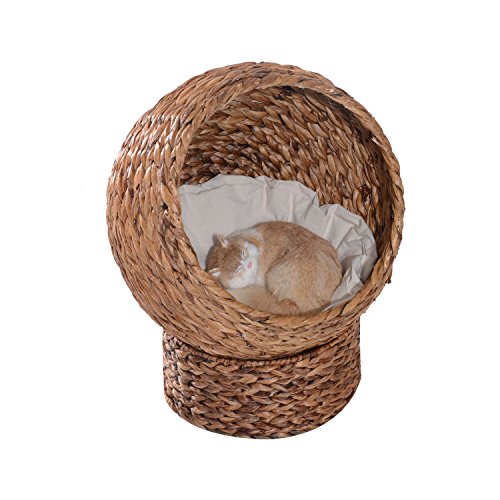 PawHut Rattan Katzenkorb Katzenhöhle Katzenhütte Katzenbett mit Kissen Haustierbett Wasserhyazinthe Hellbraun 50 x 42 x 60 cm von PawHut