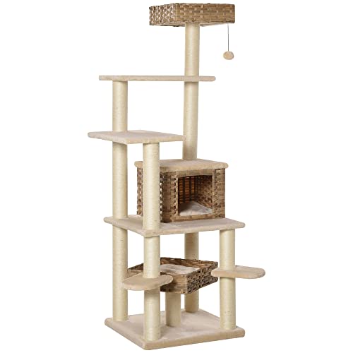 PawHut Rattan Kratzbaum mit Katzenhöhle Mehrstufiger Katzenbaum Kletterbaum für Katzen E1 MDF Sisal Beige+Braun 55 x 55 x 174 cm von PawHut