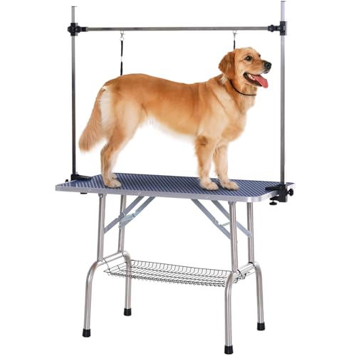 PawHut Trimmtisch Tierpflegetisch Schertisch Pflegetisch mit Unterkorb für Hunde höhenverstellbar klappbar Edelstahl Metall Blau 107 x 60 x 170 cm von PawHut