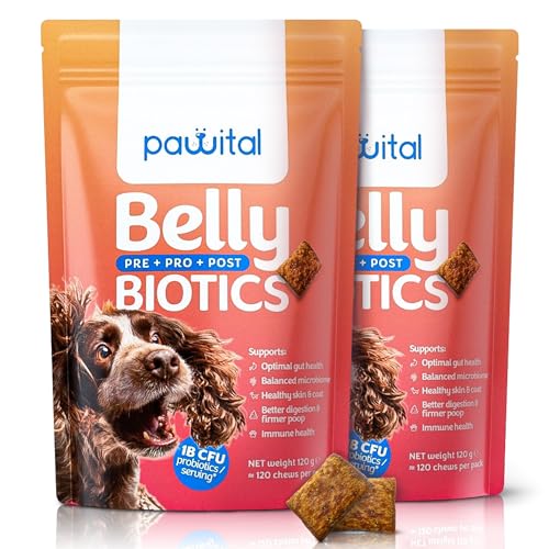 Pawital Belly Biotics: Präbiotischer, probiotischer und postbiotischer 3-in-1 Hundesnack – bei übermäßigem Pfotenlecken, Juckreiz und Verdauungsproblemen – 1 B KBE – 120 Snacks (240 Leckerlis) von Pawital