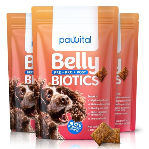 Pawital Belly Biotics: Präbiotischer, probiotischer und postbiotischer 3-in-1 Hundesnack – bei übermäßigem Pfotenlecken, Juckreiz und Verdauungsproblemen – 1 B KBE – 120 Snacks (360 Leckerlis) von Pawital