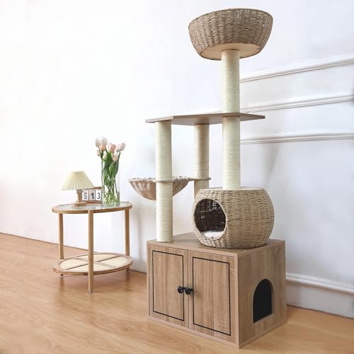 Pawlabay Rattan-Katzenbaum für Indoor-Katzen, hoher Katzenbaum mit Kratzbaum, Holz-Katzenturm für Indoor-Katzen, 140 cm hoch von PawlaBay