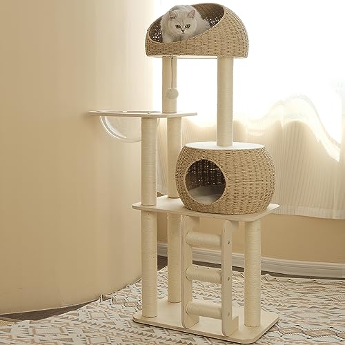 Pawlabay Rattan-Katzenbaum für Indoor-Katzen, hoher Kratzbaum mit Kratzbaum, Holz-Katzenturm für Indoor-Katzen, 145 cm hoch von PawlaBay