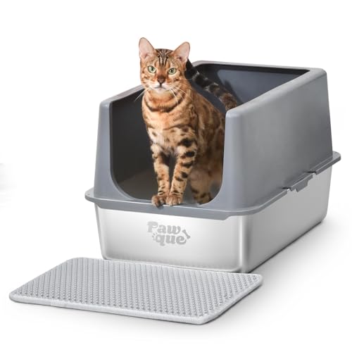 Pawque Katzentoilette aus Edelstahl mit Streuschild, XL Extra Groß für Großkatzen, Hochseitiges Gehege Metall Katzentoilette mit Katzentoilette mit Katzentoilette, nicht klebrig, Anti-Urinleckage, von Pawque