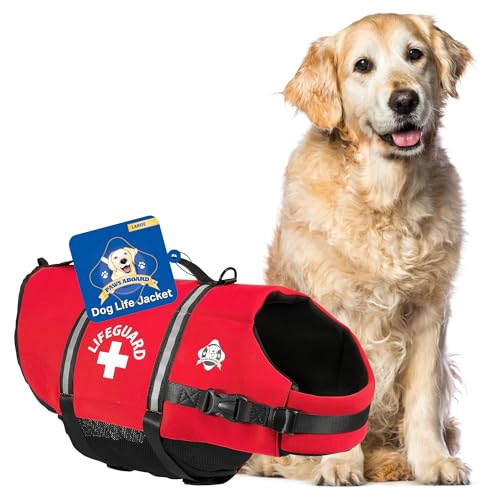 Paws Aboard Schwimmweste für Hunde – Schützen Sie Ihren Hund mit Einer Neopren-Schwimmweste – Designer-Schwimmwesten – perfekt zum Schwimmen und Bootfahren – Rot, Größe L von Paws Aboard