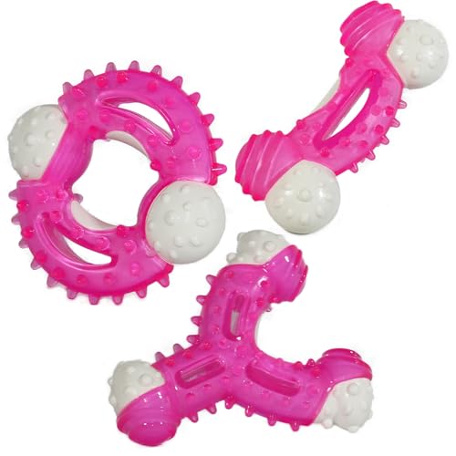 PawsAion Kauspielzeug für Welpen, 3 Stück, robustes Zahnspielzeug für leichte Kauer, kleine/mittelgroße Rassen, niedliches rosa gummiertes Nylon-Knochenspielzeug für zahnende Welpen von PawsAion