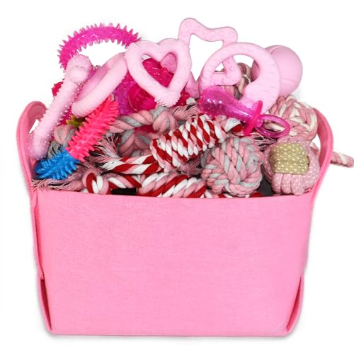 PawsAion Welpenspielzeug-Set – 20 Stück rosa Kauspielzeug für Hunde zum Zahnen kleiner Rassen – robustes Seilspielzeug für Welpen, niedliches weiches Gummi-Spielzeug-Set mit Korb für Mädchen und von PawsAion