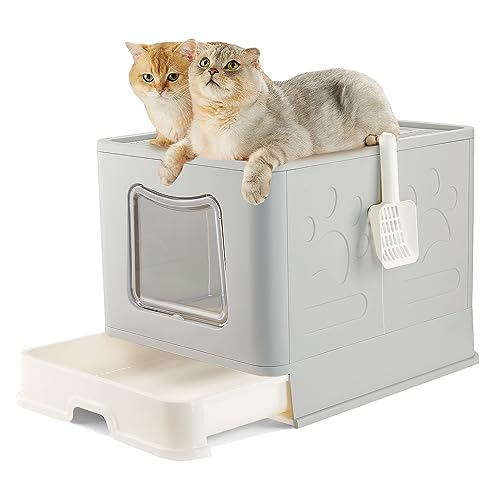 Pawsayes Extra große Katzentoilette, verdeckte, faltbare Katzentoilette mit Deckel für mittelgroße und große Katzen, XL-Größe, hohe Wand-Kätzchen-Toilette für mehrere Katzen (grau) von Pawsayes