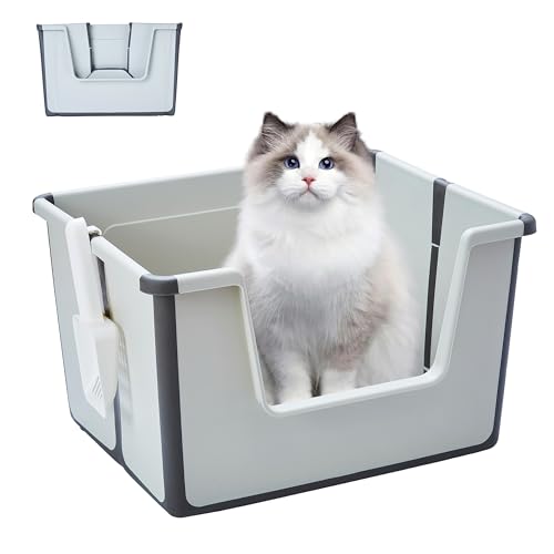 Pawsayes Katzentoilette mit hohen Seiten, faltbare Reise-Katzentoilette mit offener Oberseite, für kleine und mittelgroße Katzen, hohe Wand, niedriger Eingang, spritzwasserfest, mit Schaufel (grau) von Pawsayes