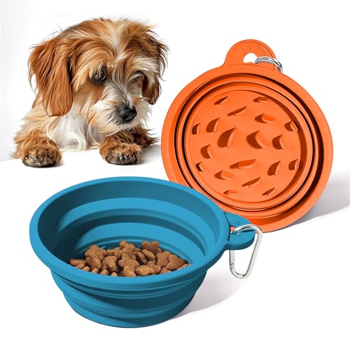 Faltbarer Futternapf für langsames Fressen, 2 Stück, tragbarer Silikon-Reiseschüssel für Futter und Wasser, faltbarer Silikonnapf für Hunde und Katzen, BPA-frei (Orange & Blau, 450 ml) von Pawsing N Claws