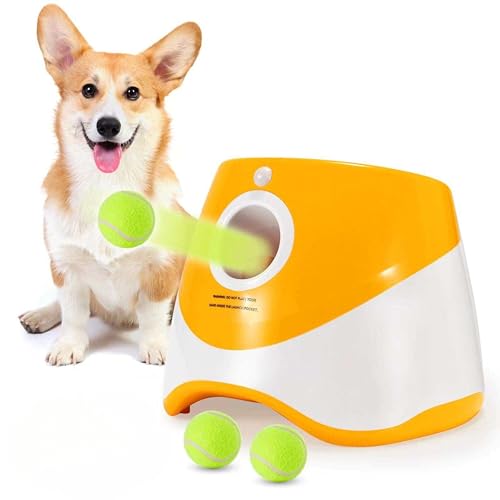 Pawsome Connect Automatischer Hundeballwerfer, Ballwerfer für kleine und mittelgroße Hunde mit 3 Tennisbällen, interaktives Hundespielzeug für drinnen und draußen, Hundeballwerfer-Maschine (Orange) von Pawsome Connect