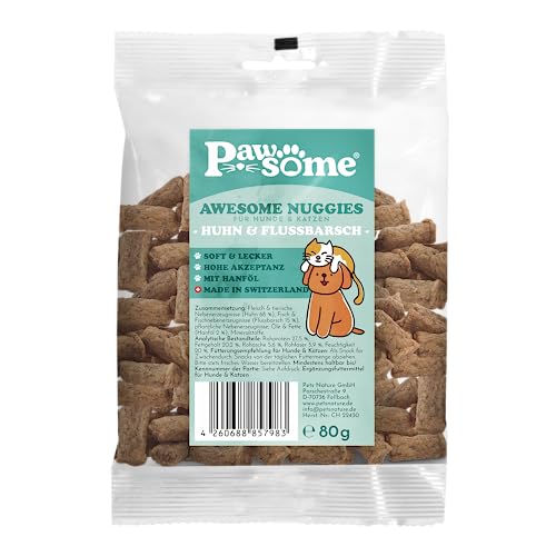 Pawsome Awesome Nuggies Flussbarsch & Huhn Hundeleckerli & Katzenleckerli - Leckerlis für Hunde & Katzen - getreidefrei & Soft mit viel Protein, Superfoods wie Bierhefe und Ginkgo, ohne Zucker (80 g) von Pawsome