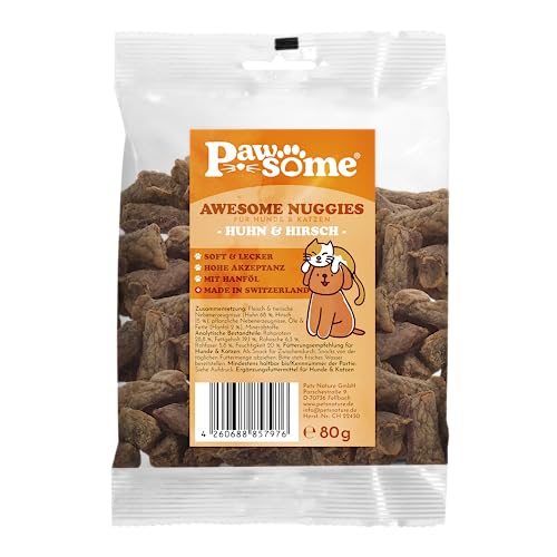 Pawsome Awesome Nuggies Hirsch & Huhn Hundeleckerli & Katzenleckerli - Leckerlis für Hunde & Katzen - getreidefrei & Soft mit viel Protein und Superfoods wie Bierhefe oder Ginkgo, ohne Zucker (80 g) von Pawsome