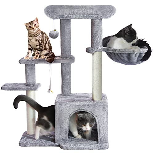 Pawstory Katzenbaum, Katzenturm mit Sisal-Kratzbaum für Indoor Katzen, 88,9 cm mehrstufige Katzenhaus mit Hängematte Sitzstange und Kätzchenspielzeug, Katzenmöbel für Kätzchen Erwachsene Katzen von Pawstory