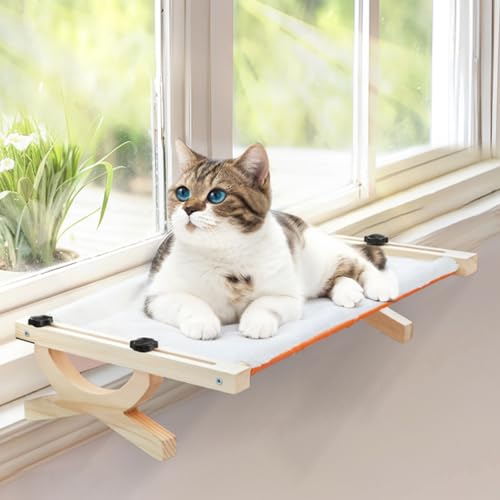 Pawtasy Katzen Hängematte Katzen Fensterliege Stabiles Katzenhängematte Katzenbett Fensterbank Massivholz Katzenliege Fenster Bis zu 22.7 KG, 47.5 x 42 cm von Pawtasy