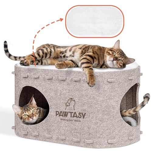 Pawtasy Katzenhöhle Filz Katzenbett Höhle Katzenhaus für Indoor Katzen Höhle mit 2 Weiche und Warm Kissen Winterfest, Schutz der Katzennägel, 58T x 33B x 30H cm, Beige von Pawtasy