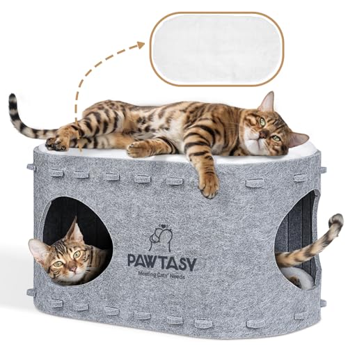 Pawtasy Katzenhöhle Filz Katzenbett Höhle Katzenhaus für Indoor Katzen Höhle mit 2 Weiche und Warm Kissen Winterfest, Schutz der Katzennägel, 58T x 33B x 30H cm, Grau von Pawtasy