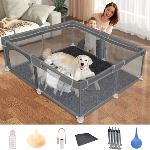 Pawtenda Welpenkiste für Hunde, 180 x 150 x 65 cm, stabiler Hunde-Laufstall mit reißfestem, transparentem Netzgewebe, inklusive sterilem Schleimabsaugungskatheter von Pawtenda