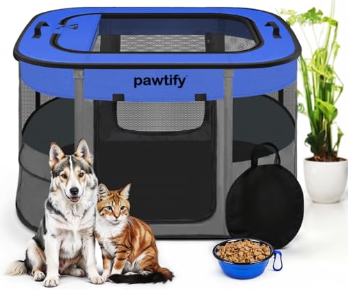 PAWTIFY Faltbarer Hunde-Laufstall für drinnen und draußen – Tragbarer Haustiergehege mit weichen Seiten, große Kiste für große, große Hunde, Katzen, Tiere – inklusive Tragetasche und Reisenapf (groß) von Pawtify