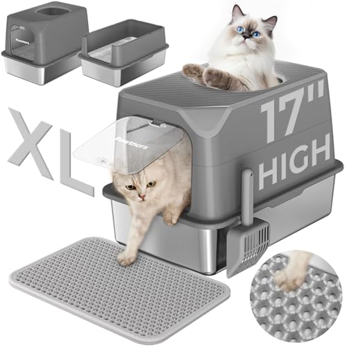 Katzentoilette aus Edelstahl mit Deckel, offen/geschlossen, XL, extra große Katzentoilette von oben, mit Katzentoilette mit Matte, nicht klebrig, leicht zu reinigen, Anti-Urinleckage, Dunkelgrau von Pawtners