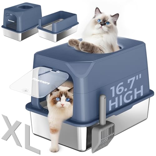 Pawtners Katzentoilette, XL, extra große Edelstahl-Kitty-Katzentoilette, Vordereingang, oberer Ausgang, geschlossene Metall-Katzentoilette zur Geruchskontrolle, mit abnehmbarem Deckel und Schaufel, von Pawtners