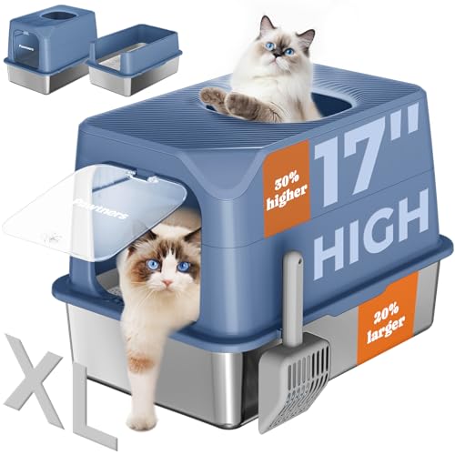 Pawtners Katzentoilette, XL, extra große Edelstahl-Kitty-Katzentoilette, Vordereingang, oberer Ausgang, geschlossene Metall-Katzentoilette zur Geruchskontrolle, mit abnehmbarem Deckel und Schaufel, von Pawtners