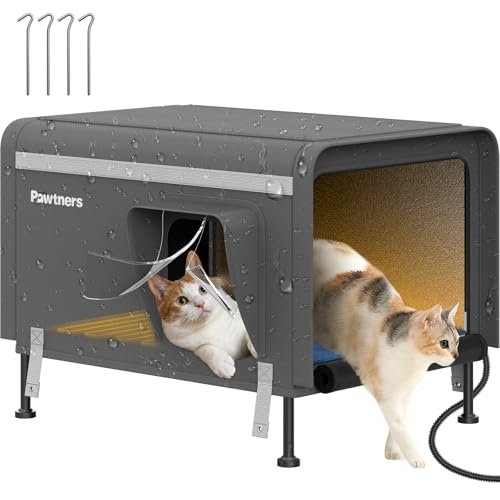 Pawtners Beheiztes Katzenhaus für Outdoor-Katzen im Winter, 100 % wetterfest, beheizter Katzenschutz, unzerstörbar, erhöhtes, isoliertes Feral-Katzenhaus, warmes Zuhause für Veranda, Scheune, Garage, von Pawtners