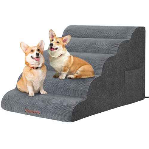 Hundetreppe für kleine Hunde:Pawtners 5 Stufen Hunderampe für Hochbett, Schaumstoff Haustiertreppe mit für große Katze und mittelgroße Hunde, extra breite Hundetreppe für Hunde zum Aufstehen auf Bett von Pawtners