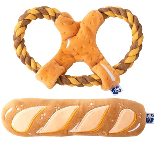 PAWTY Brot-Set – interaktives Set – Zerrseil Schnüffelnasenarbeit Plüschtier mit Quietscher – kauresistentes langlebiges Haustier-Parodie Spiel – Verstecken von Leckerlis – klein mittel – niedliche von Pawty Dog Toys