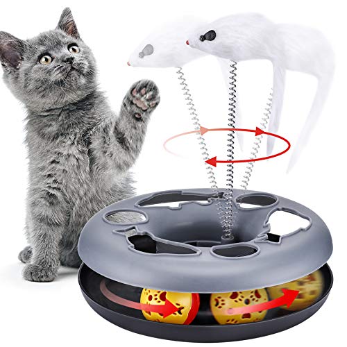 Pawzone Interaktives Katzenspielzeug 2-in-1-katzen Spielzeug mit Maus，Katzen Rotierende Teaser Feder und Ball (grau) von Pawzone