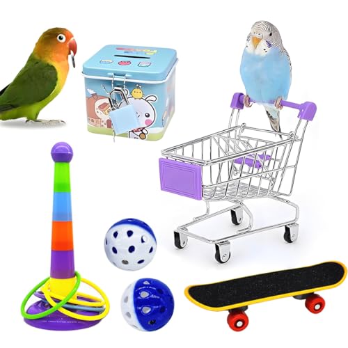 Paxikaka Papageien-Puzzle-Trainingsspielzeug-Set, Vogelmünzbox, Glockenball, Hülse, Skateboard, kleiner Wagen Vogelspielzeug von Paxikaka