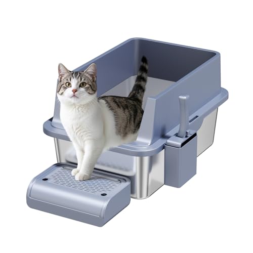 Edelstahl-Katzentoilette – 20,3 cm tief, XL extra große Katzentoilette mit Deckel für kleine große Katzen, Metall-Katzentoilette mit hohen Wandseiten, antihaftbeschichtet, auslaufsicher (dunkelgrau) von Paxyeet