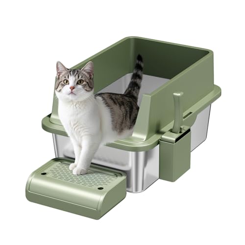 Edelstahl-Katzentoilette – 20,3 cm tief, XL extra große Katzentoilette mit Deckel für kleine große Katzen, Metall-Katzentoilette mit hohen Wandseiten, antihaftbeschichtet, auslaufsicher (grün) von Paxyeet