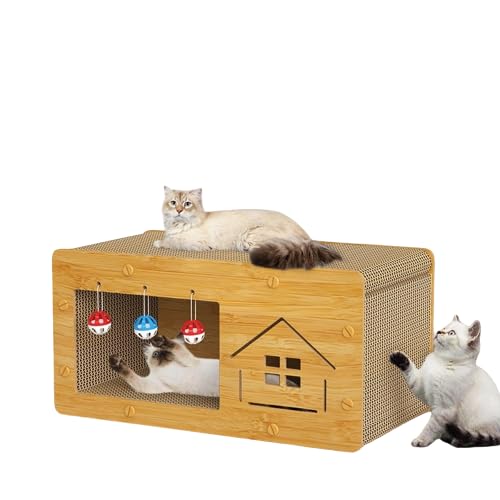 Katzenkratzhaus, Katzenkratzbrett, 2 in 1 Wellpappe, Katzenkratzunterlage für Indoor-Katzen, um Möbel zu verarbeiten, mit 3 Glocken zum Ausruhen, Schleifen und Spielen (groß) von PazkPuzk