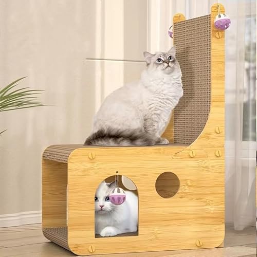 Katzenkratzhaus, Katzenkratzbrett, 3-in-1-Funktion, Katzenkratzmatte für Indoor-Katzen, um Möbel zu verarbeiten, mit 4 Glocken zum Ausruhen, Schleifen und Spielen (groß) von PazkPuzk