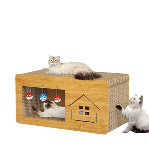 Katzenkratzhaus, Katzenkratzbrett 2 in 1 Wellpappe, Katzenkratzunterlage für Indoor-Katzen zum Verfahren von Möbeln, mit 3 Glocken zum Ausruhen, Schleifen und Spielen (XL) von PazkPuzk