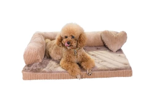 Pbed Orthopädisches Hundebett für kleine Hunde, Memory-Schaum, abnehmbare Nackenrollen und waschbarer Bezug, Deluxe-Plüsch, L-förmige Couch, rutschfeste Unterseite, Größe M, Beige von Pbed