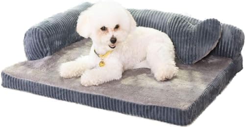 Pbed Orthopädisches Hundebett für kleine Hunde, Memory-Schaum, abnehmbare Nackenrollen und waschbarer Bezug, Deluxe-Plüsch-L-förmige Couch, rutschfeste Unterseite (klein, Grau) von Pbed