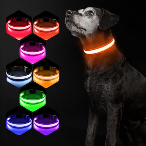 Hundehalsband Leuchtend USB Aufladbar - Leuchthalsband Hund 7 RGB Farbwechsel mit 8 Leuchtmodi, Dickes Verstellbares LED Hundehalsband Wasserdicht für Kleine Mittlere Große Hunde Leuchtendes Halsband von PcEoTllar