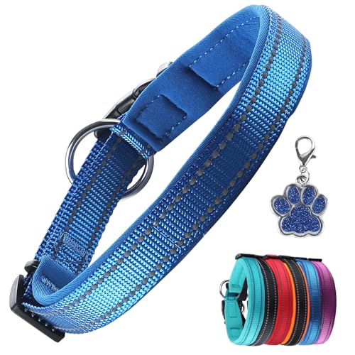 PcEoTllar Hundehalsband Verstellbare Weich Gepolstertes Hunde Halsband Neopren Nylon Reflektierend Halsband Atmungsaktives Einstellbar mit Erkennungsmarke for Kleine Mittel Große Hunde, Blau-M von PcEoTllar