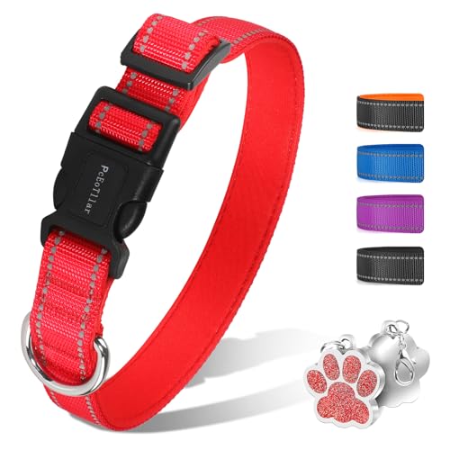 PcEoTllar Hundehalsband Gepolstert, Reflektierend Hunde Halsband für Kleine Hunde, Verstellbare Hundehalsband für Grosse Hund, Weich Neopren Halsbänder, Rot (40-50cm) von PcEoTllar