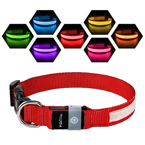 Leuchthalsband Hund Aufladbar USB-C, LED Halsband für Hunde Wasserdicht Hundehalsband Leuchtend 7 Farben Blinklicht Einstellbar Leichte Halsband Hunde für Kleine Mittlere Große Hunde,Rot M von PcEoTllar
