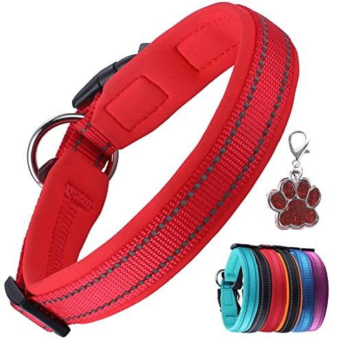 PcEoTllar Hundehalsband Verstellbare Weich Gepolstertes Hunde Halsband Neopren Nylon Reflektierend Halsband Atmungsaktives Einstellbar mit Erkennungsmarke for Kleine Mittel Große Hunde, Rot-XL von PcEoTllar