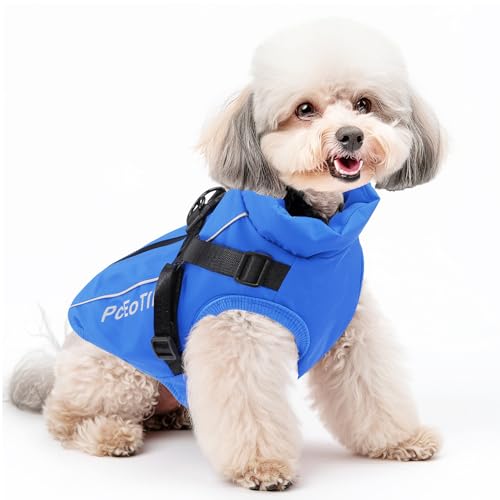 PcEoTllar Hundejacken Wasserdicht für Winter, Reflektierend Hundemantel mit Geschirr für Kleine Hunde, Welpe Warme Jacke Hundepullover, Hundejacke Winddichtes für Kaltes Wetter, Blau-L von PcEoTllar