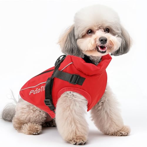 PcEoTllar Hundemantel Wasserdicht für Kleine Hunde, Warme Wintermantel Hundejacke Hundepullover - Reflektierend Hundemantel mit Geschirr - Haustier Skifahren Kostüm Ärmellose, Rot-XL von PcEoTllar