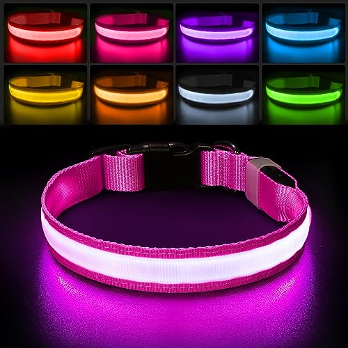 PcEoTllar Leuchthalsband Hund, Hundehalsband Leuchtend Aufladbar mit 7 Farbwechsel - 8 Leuchtmodi, LED Hundehalsband Wasserdicht für Kleine Mittlere Große Hunde Leuchtendes Halsband, Rosa-L von PcEoTllar